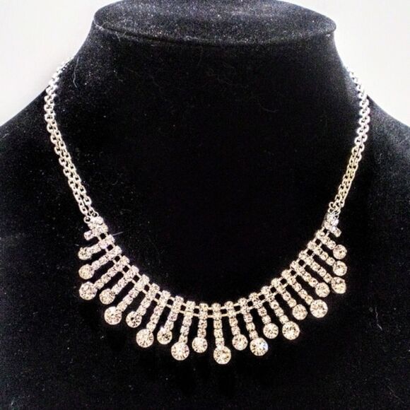 Silver Tone Prong Set Clear Rhinestone Bar Drop Necklace - Picture 5 of 7